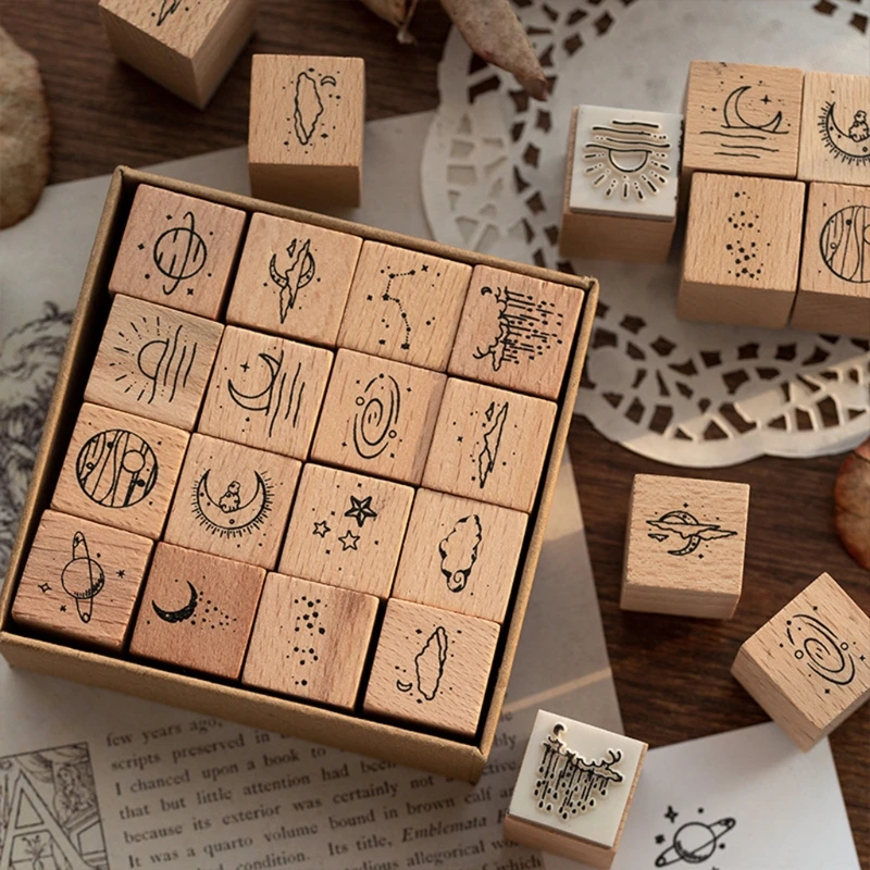 

16cs Wood Planet Rubber Stamp Set for DIY Craft Card Making Vintage Scrapbooking Decorative Seal Handbook Companion DIYStyleABCD