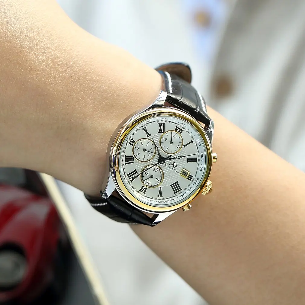 IMPERIAL KS Retro Skeleton 6 Hands Golden Case Luxury Brand Day Month Display Brown Leather Strap Men's Mechanical Watch / KS146
