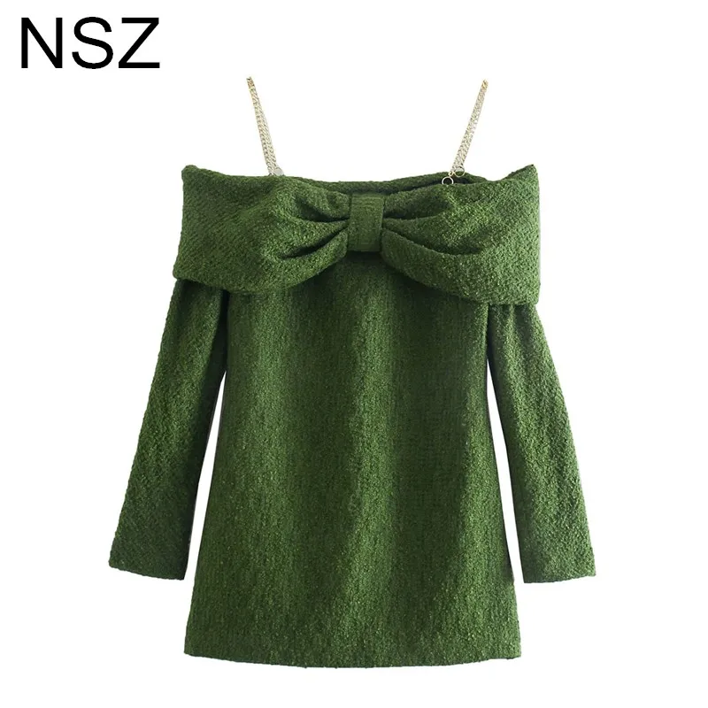 

NSZ Women's Party Corset Chain Shoulder Bow Knot Tweed Spaghetti Strap Dress Elegant Chic Sexy Outfit Ladies Night Slip Dress