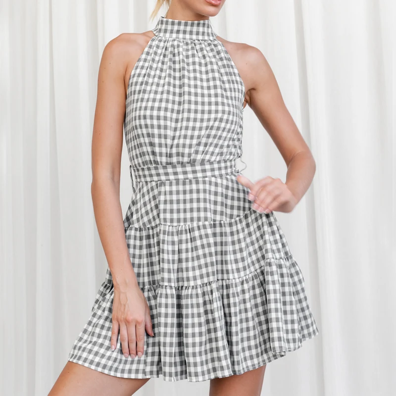 

Women Halterneck Gingham Mini Dress With Tie Waist And Tiered Hem