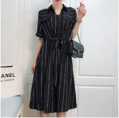 Ретро корейское Плиссированное Полосатое платье из двух частей 2019 летнее для