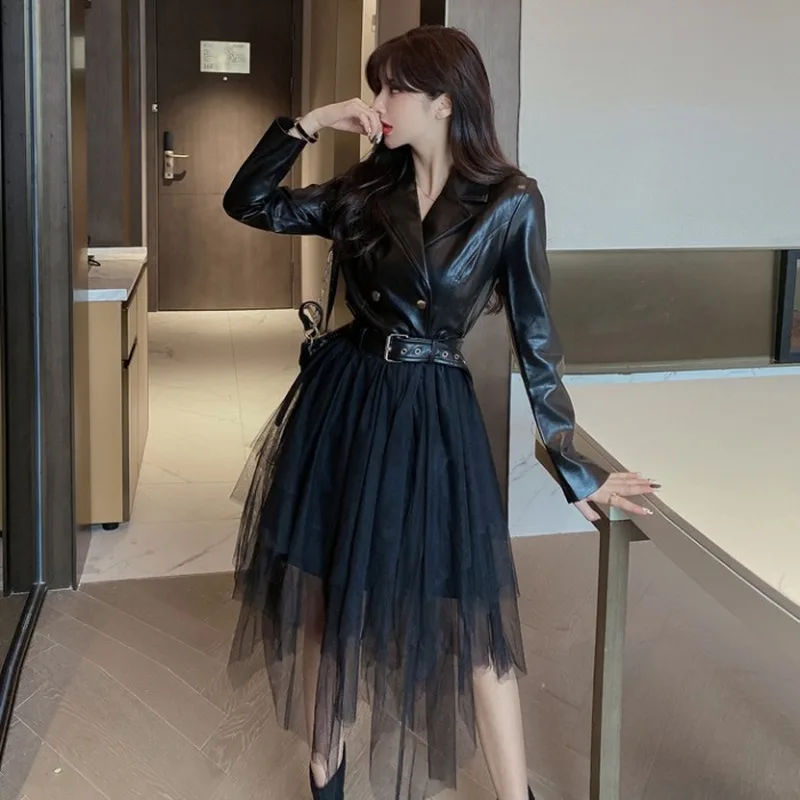 

2020 New Leather Dress Women Black Mesh Dress Korean Fashion clothes False two Midi Dresses Turn down collar Ladies Casual