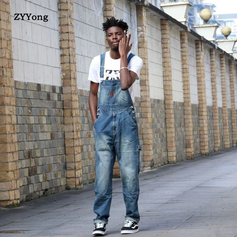 ZYYong Stylish Men's Jeans Jumpsuit Comfortable Loose Hip-Hop Street Clothes Men's Pants Denim Bib Overalls Men's Suspenders