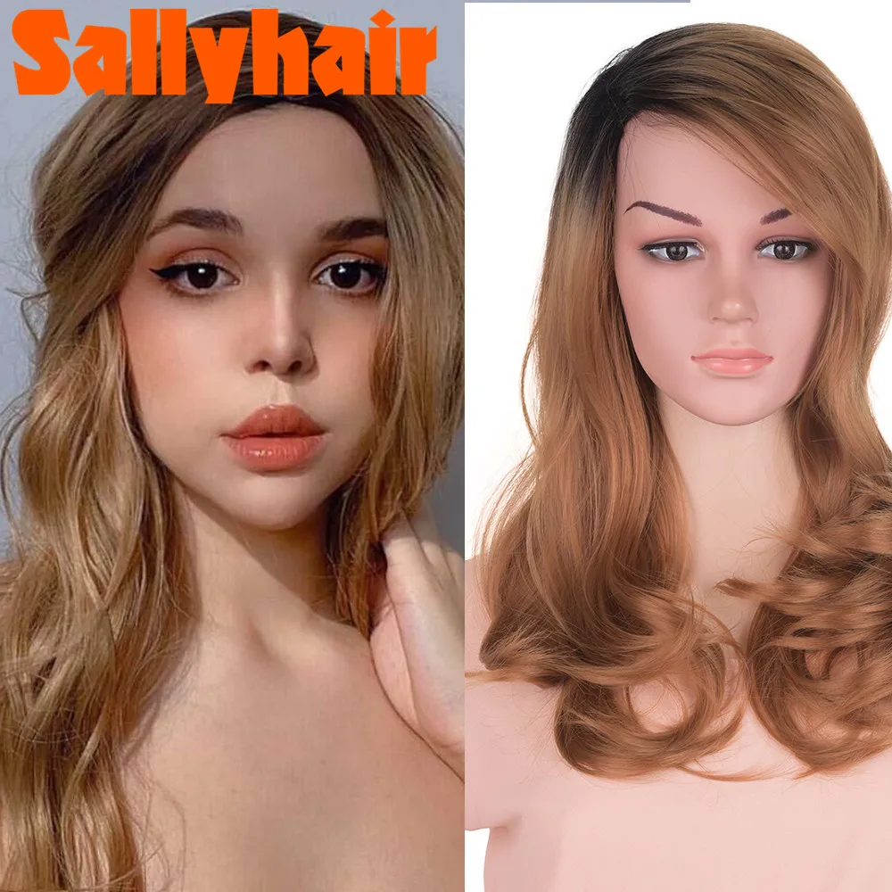 

Длинные волнистые парики Sallyhair с эффектом омбре, коричневые, серые, пепельные, светлые синтетические волосы, натуральные, средней части, тер...
