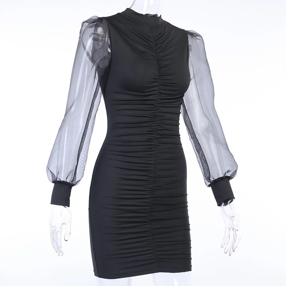 Сексуальное Сетчатое платье-фонарик с длинным рукавом облегающее платье женское