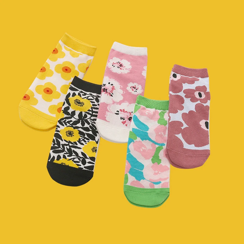 

Детские носки, 5 пар, новые женские носки из хлопка на весну, маленький размер, с цветочным узором, с закрытым носком, в духе колледжа; В стиле Харадзюку; Прямые Носки забавная Футболка с принтом носки для рождественских подарков