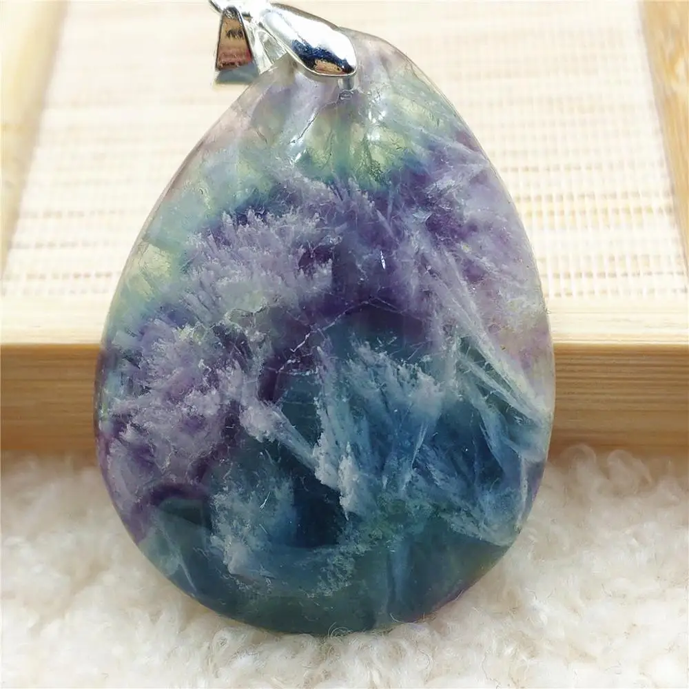 

Rare Natural Blue Feather Fluorite Quartz Colorful Pendant 39x30x10mm Women Men Water Drop Fluorite Necklace Jewelry AAAAA