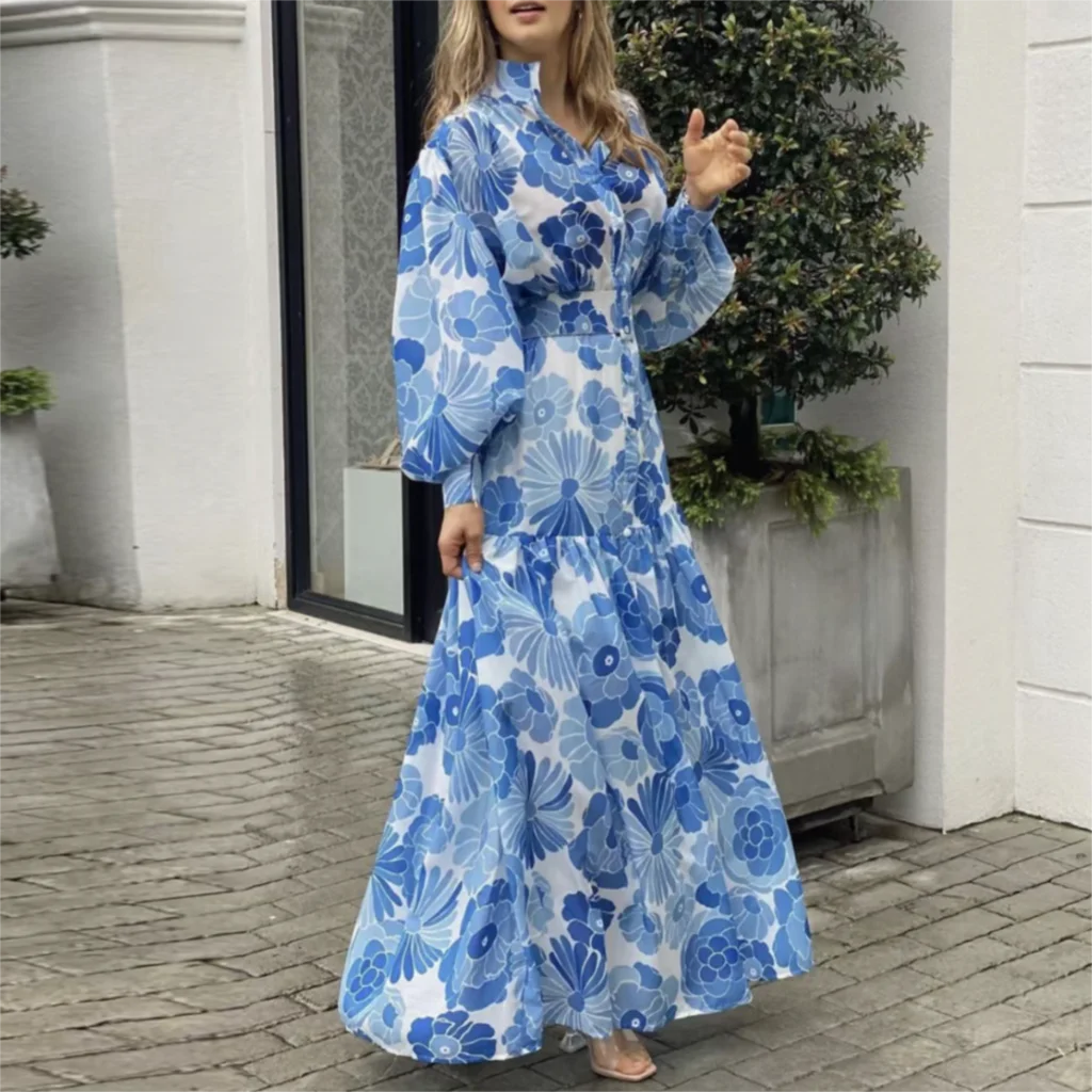 

Pirate Hippie Floral Print High Waist Long Dress With Belt Stand Collar Boho Maxi dress Vintage Holiday Slimming Vestidos Female