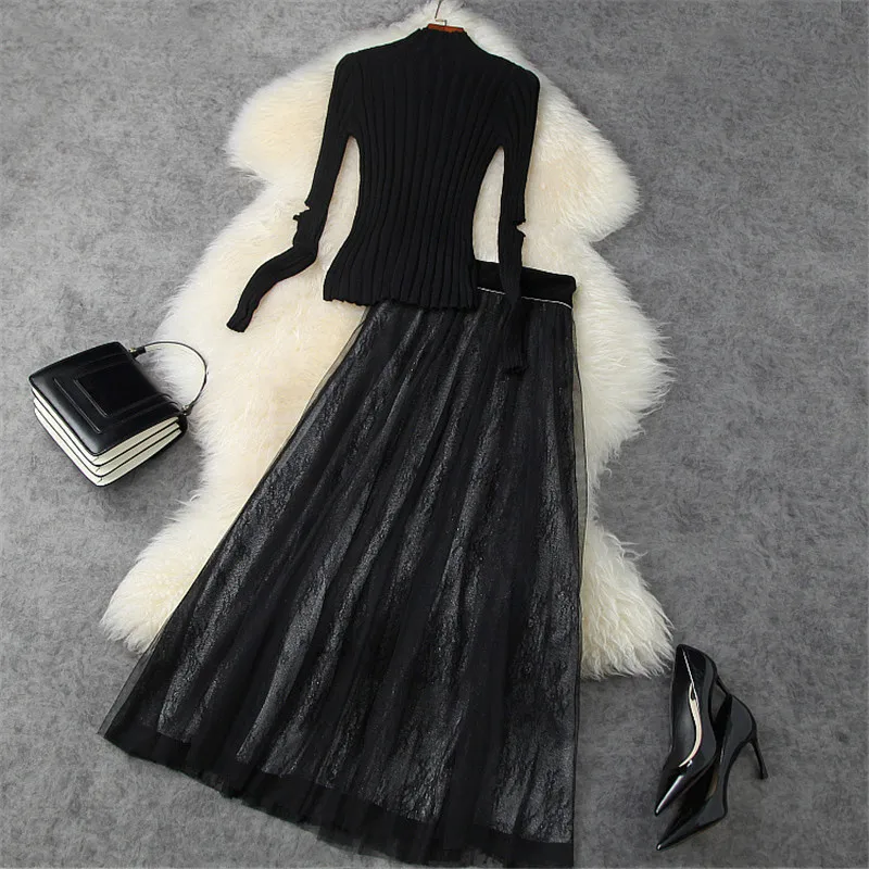 

2021 Spring Autumn Pullover Knit Sweater and Long Mesh Skirt Suit Matching Set Elegant Party Casual Two Piece Office Outfit