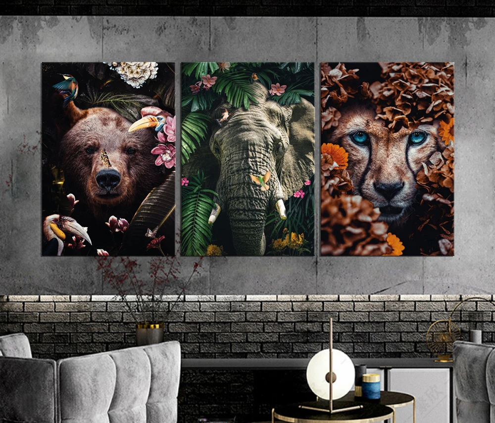 3 шт. холст с изображением животных тропические картины медведь тигр слон Лев
