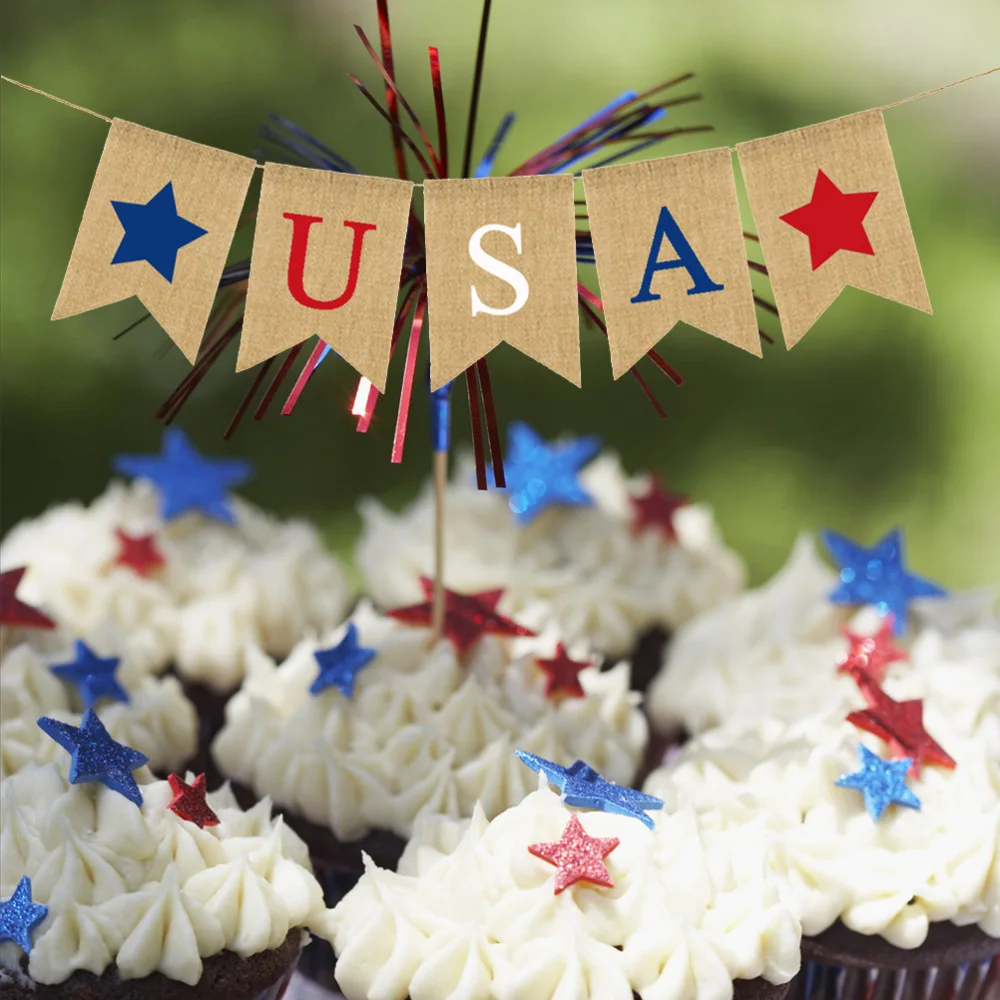 

2M USA Burlap Flags Bunting Banner Hanging Decor for American National Day Forth of July Independence Day