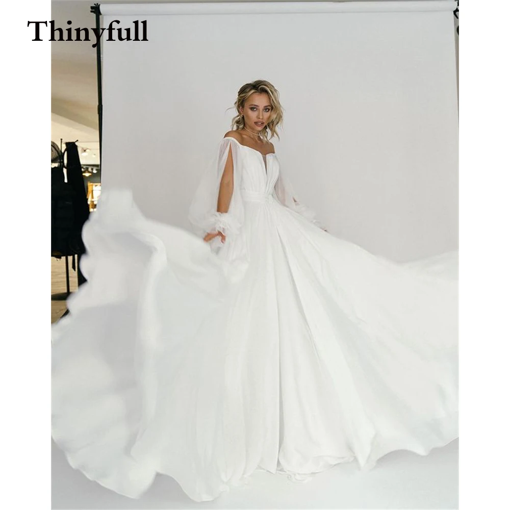 

Long Soft Chiffon A Line Wedding Dresses Strapless Off Shoulder Long Sleeves Floor Length Bridal Marriage Bride Dress Gowns