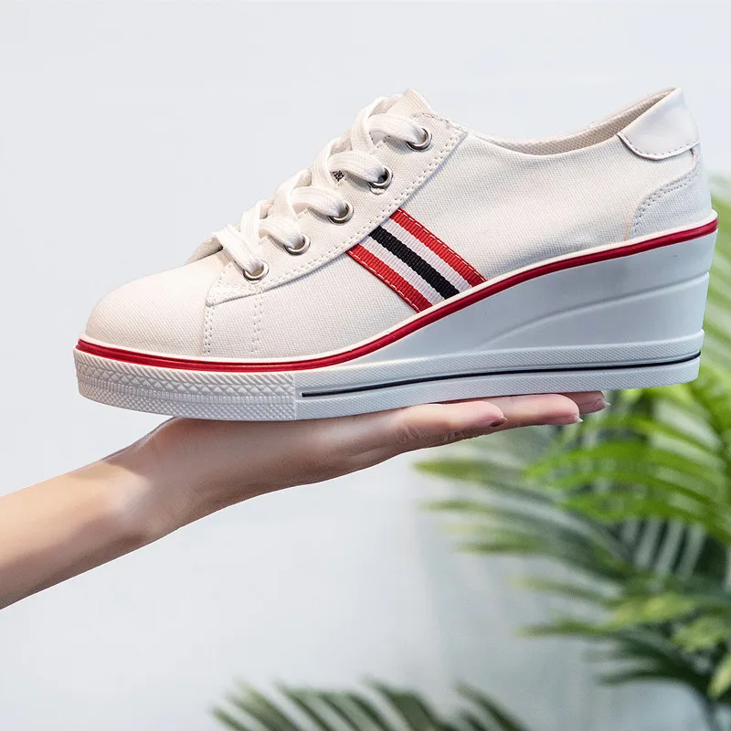 

2020 New Korean-Style Platform Women's Shoes Spring and Summer Low-Cut Slanted Heel Canvas Shoes Women's Casual Lace-up Shoes