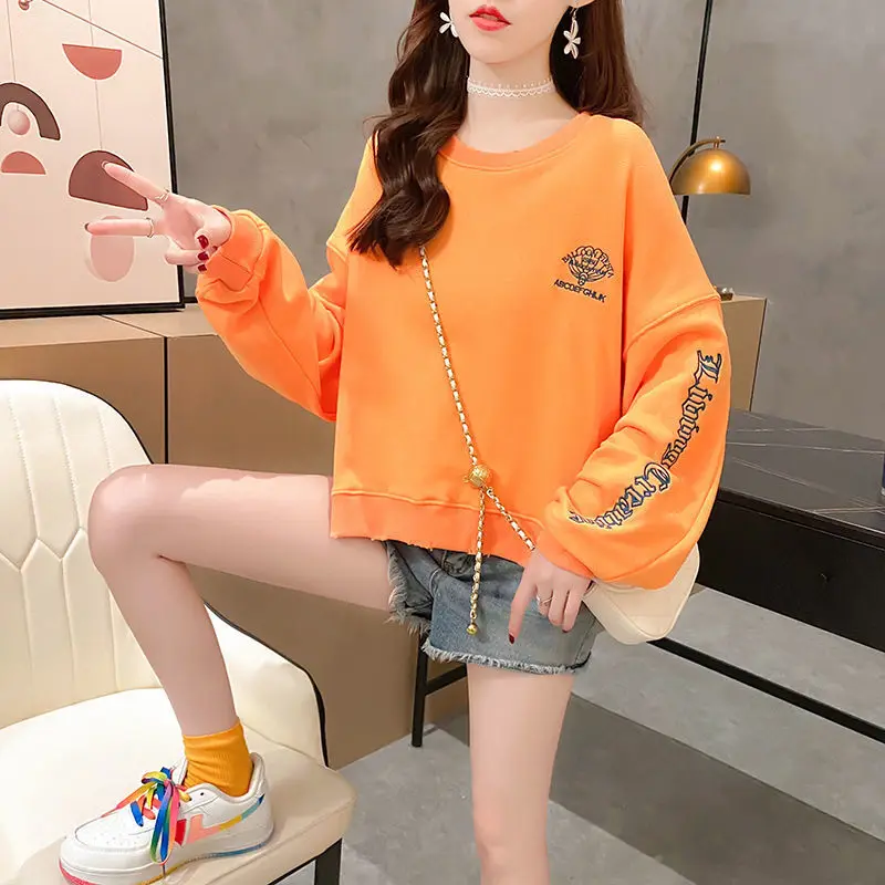 

Hoodies 95 Cotton Autumn New Korean Loose Short Sweater Round Neck Top 2020 New Women's Long Sleeve High Waist Spring and Autumn