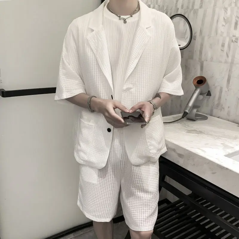

Summer Thin Suit Men's Fashion Black White Casual Short-sleeved Suit Men Streetwear Korean Loose Business Society Mens Suit
