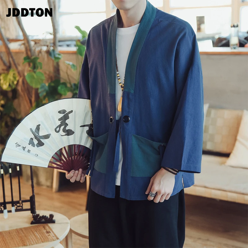 Мужское льняное кимоно JDDTON Свободное длинное пальто в японском стиле винтажная