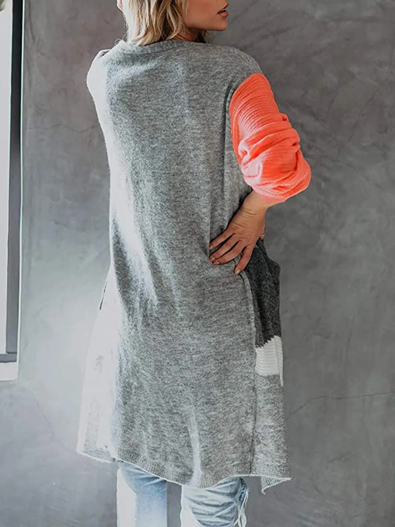 

Irregular color matching knitted cardigan new casual long Style Lantern Sleeve color contrast cardigan sweater for women