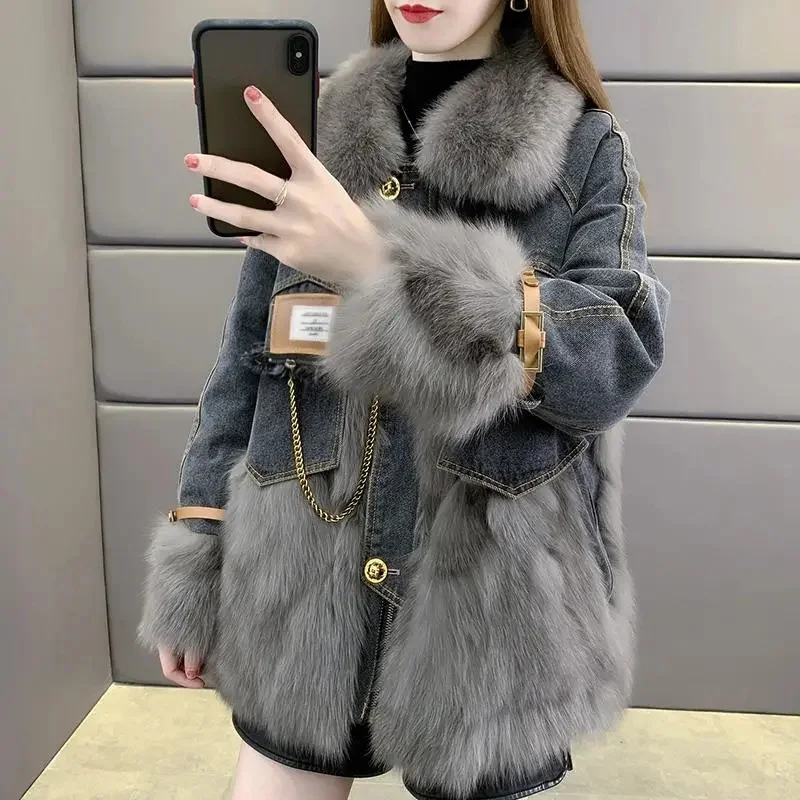 2022 Popular Autumn Winter New High-End Imitation Fox Fur Jacket Female Denim Fashion Stitching Parker Down Cotton Jacket Spring