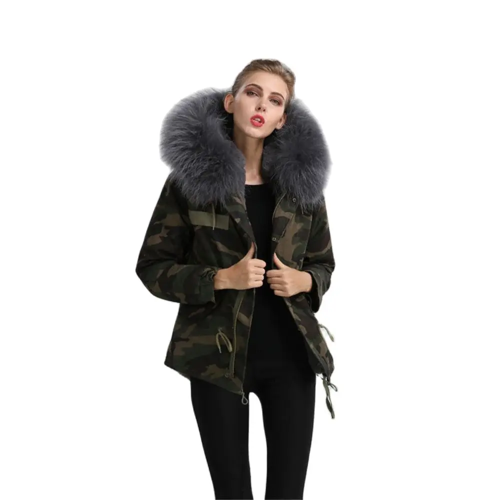 Mhnkro Camouflage Shell winter thickness grey furs lined short fur jacket with removeable huge real fur hoodies plus size