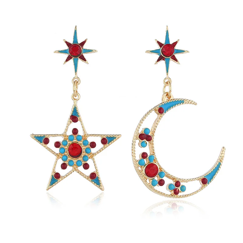 

New Arrival Star and Moon Drop Long Earrings Unmatched Hanging Dangler Oil Dripping Cute Big Tassel Bijoux Wedding Fashion Jewel