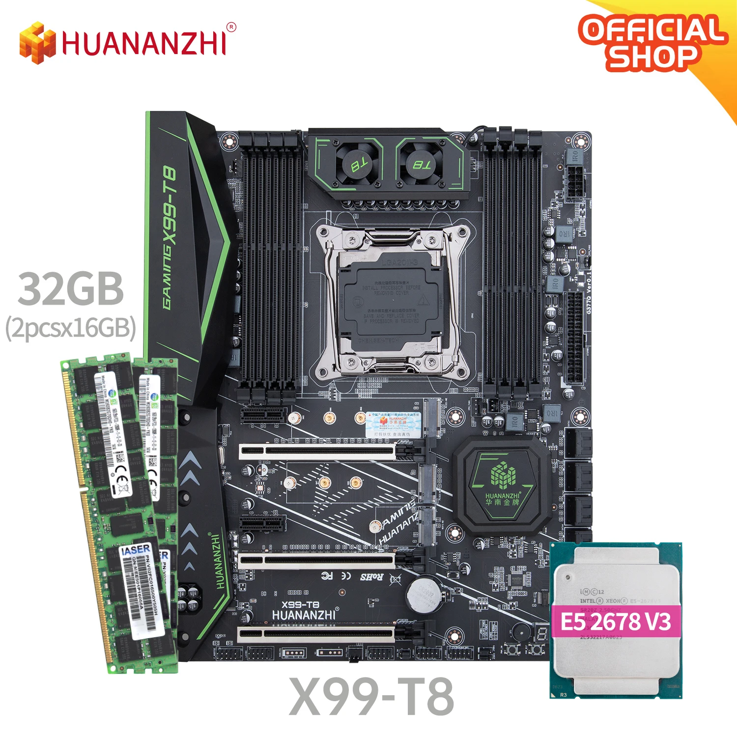 

HUANANZHI X99 T8 X99 Motherboard with Intel XEON E5 2678 V3 with 2*16G DDR3 RECC memory combo kit set NVME SATA USB 3.0 ATX