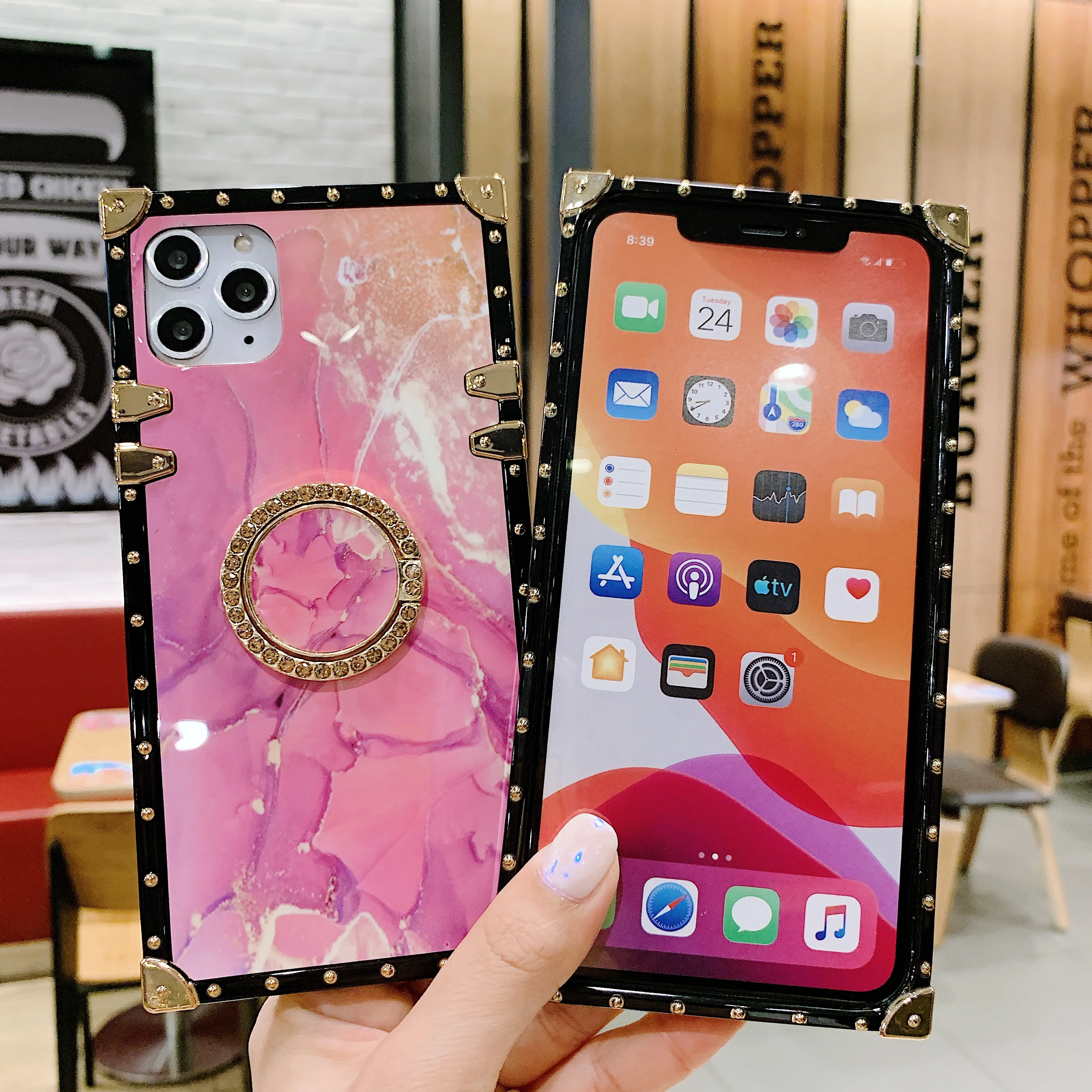 Квадратные Розовые блестящие алмазные чехлы-подставки для iPhone 13 Pro Max Mini 12 11 Xr XS 6S 7