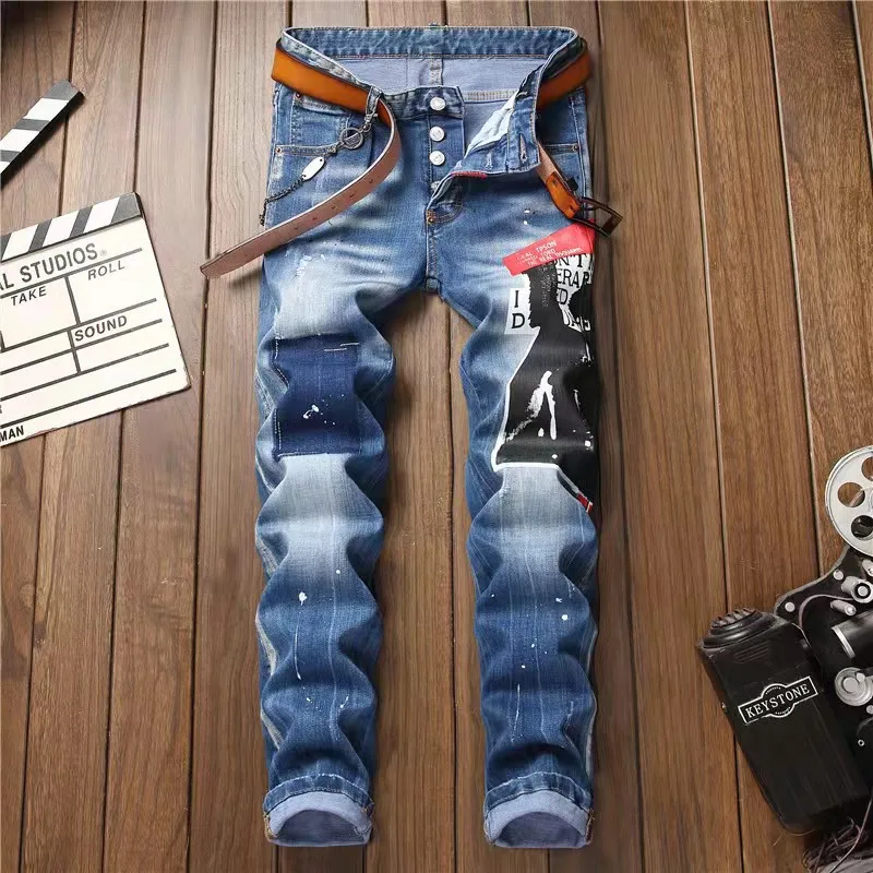 

2021 Fashion Tide Brand Dsquared2 Men's Ripped Patches Paint Dots Stretch Skinny Jeans Color Matching Jeans #1006