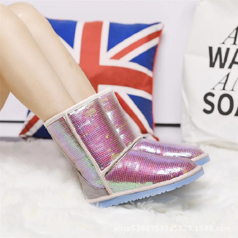 Женские ботинки Новинка Блестящие Зимние сапоги плюшевые из натуральной кожи