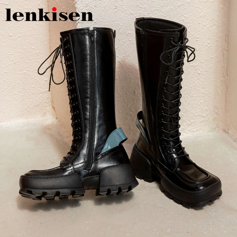 

Lenkisen/2020; Сапоги для верховой езды из натуральной кожи с круглым носком на толстой подошве; Зимние теплые модные сапоги по колено на молнии с ...