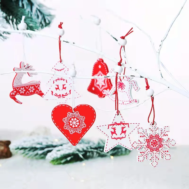

12PCS Wooden Christmas Tree Ornaments Hanging Pendants Store Window Decoration New Year Chirstmas Gift Deer Star Angel Wood Chip