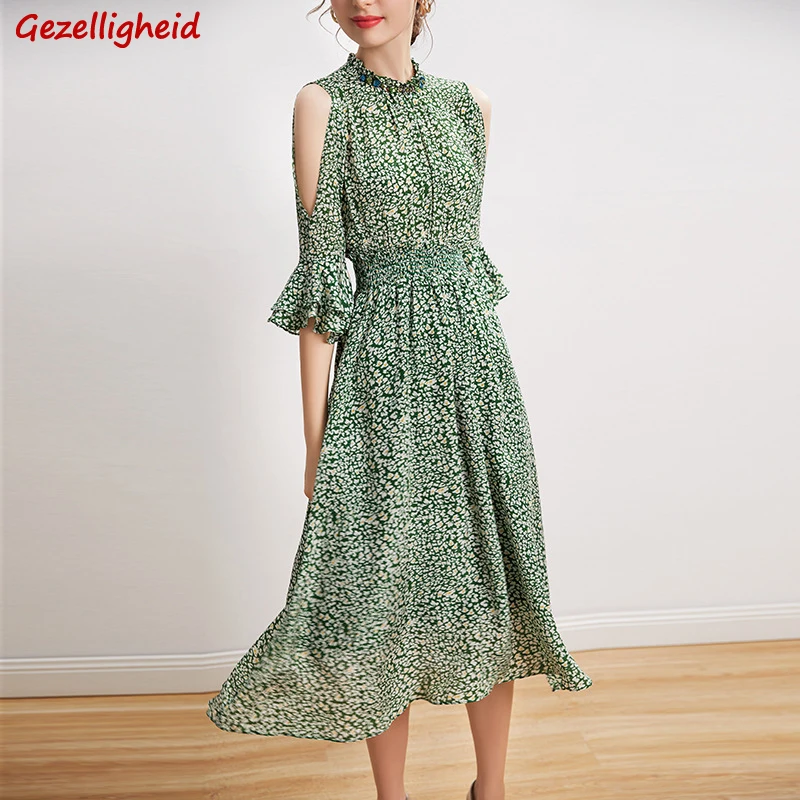 

Gezelligheid Dresses For Women 2021 Fashion Summer Clothes Floral Skirts Slim Casual Elegant Kawaii 100% Natural Silk Midi Dress