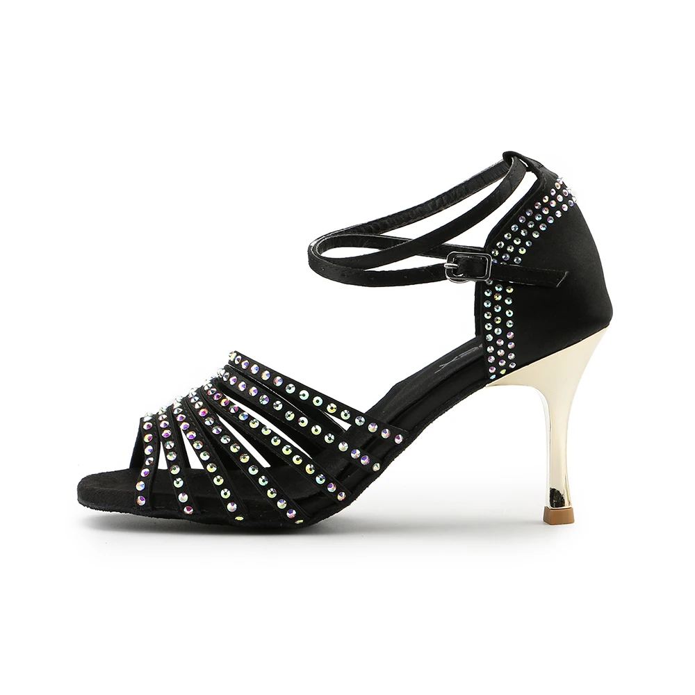 

Fioncrow Women Party Dance Shoes Satin Shining rhinestones Soft Bottom Latin Dance Shoes Woman Salsa Dance Shoes heel 7.5CM