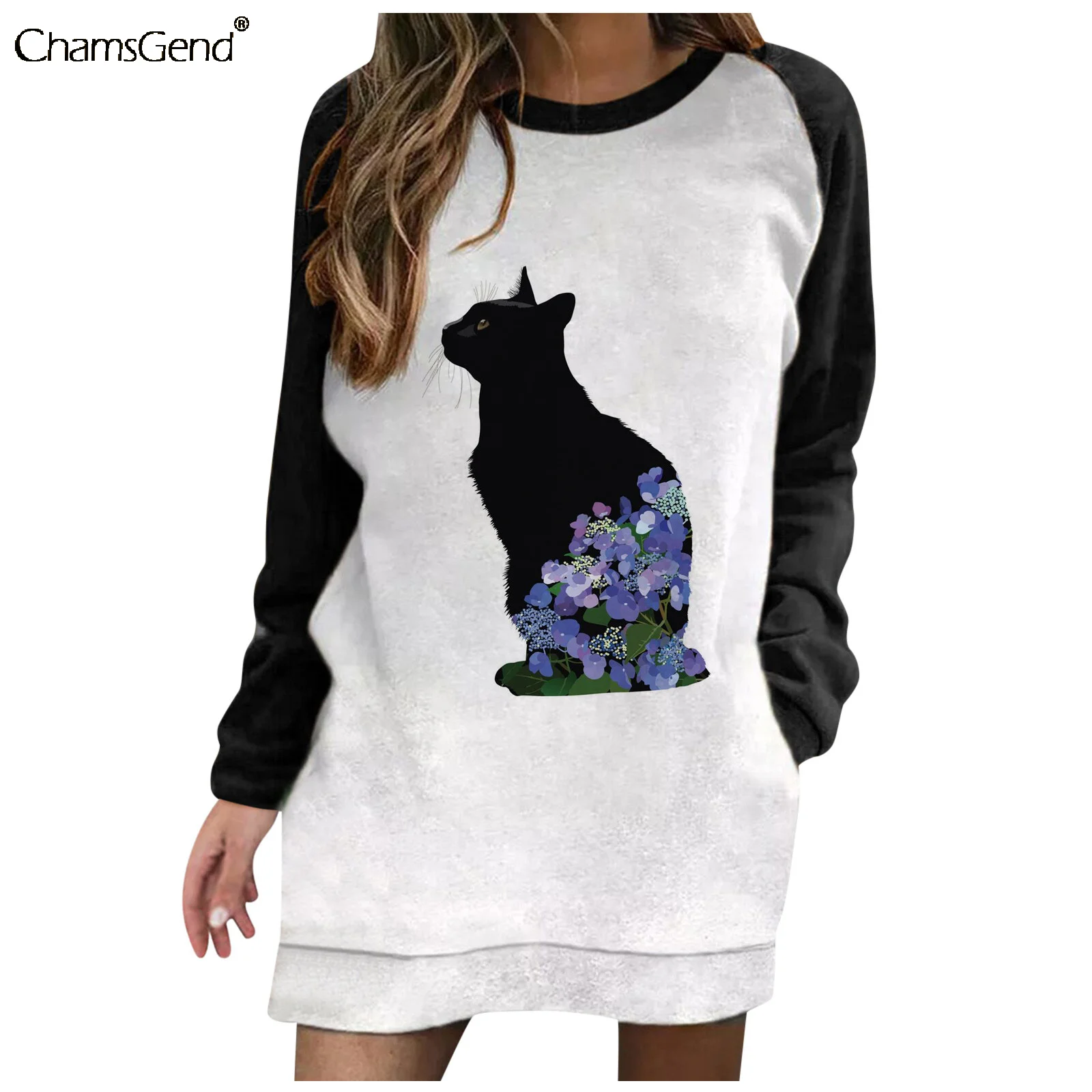 

Толстовки, свитшоты, Женский Длинный свитшот с художественным принтом кошек, платье, женские свободные пуловеры с длинным рукавом, женская ...