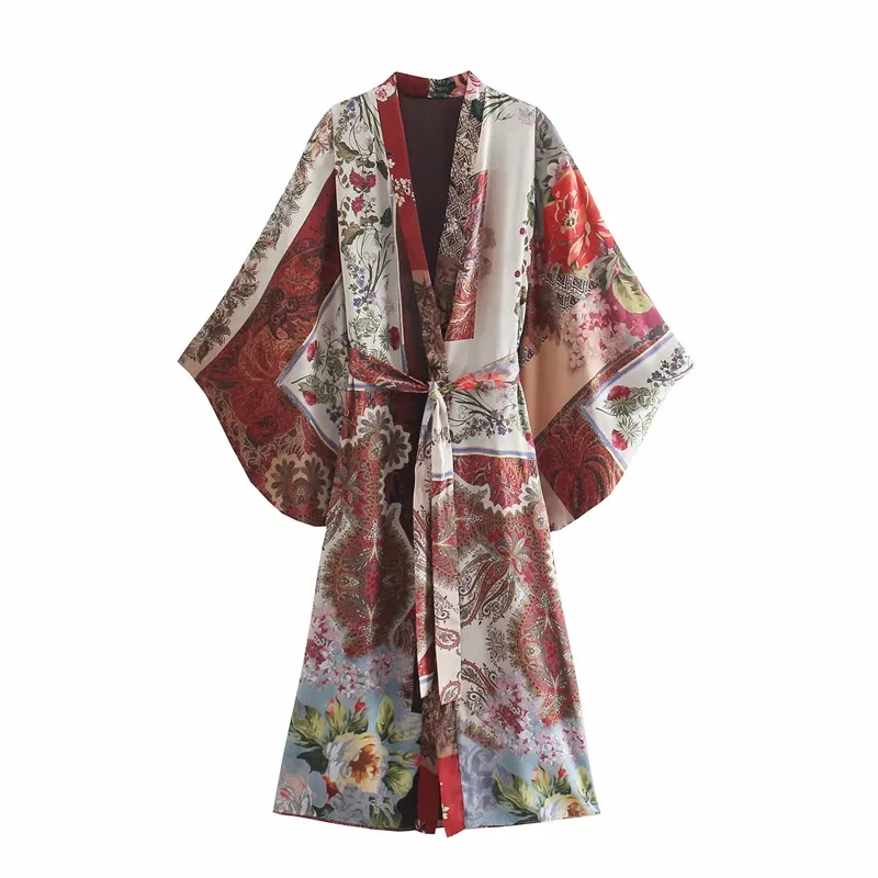 

TRAF Patchwork Long Woman Kimono Vintage Print Belt Long Sleeve Blouse Women Kimonos Summer 2021 Japanese Beach Kimono Top