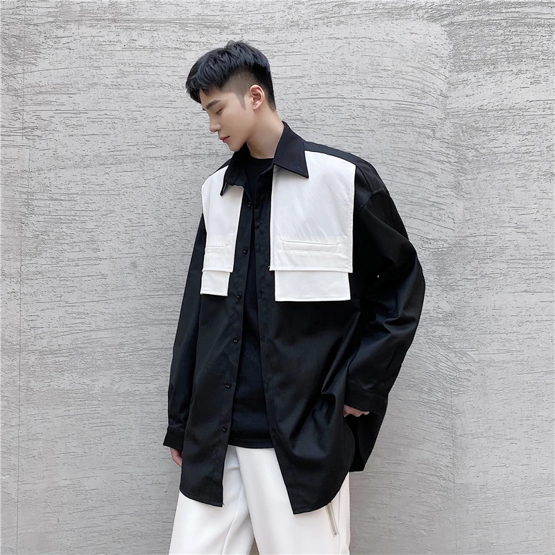 

New Male Japan Korea Streetwear Hip Hop Shirt Men Black White Splice Long Sleeve Casual Shirts