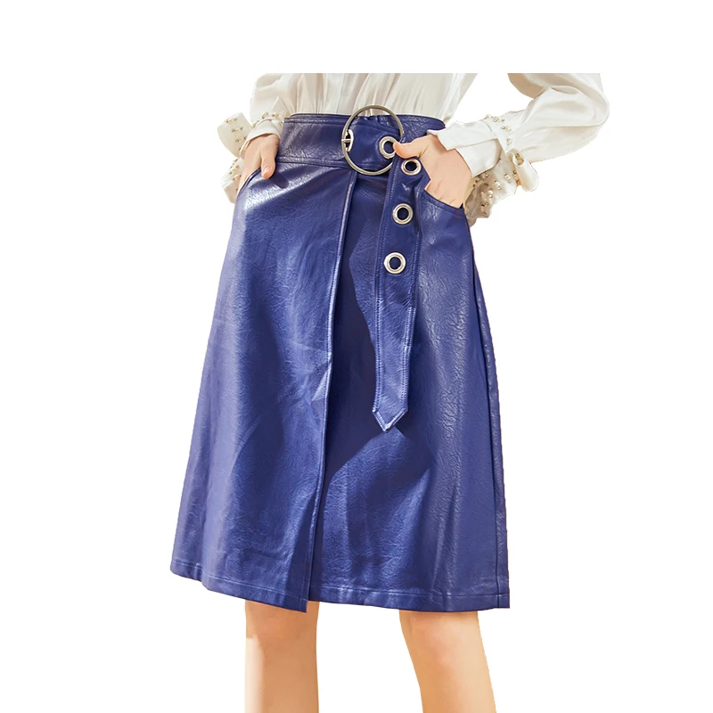 

Fashion Asymmetrical pu leather skirts female college style was thin leather skirts with belt F1103 factory