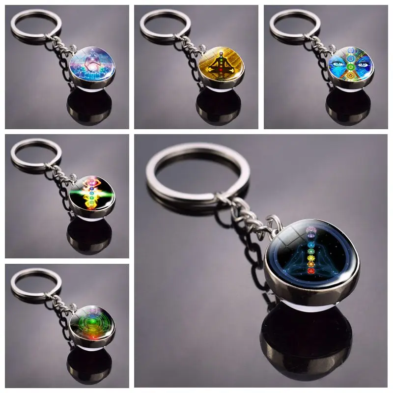 Брелок для ключей семь чакр Йога 7 искусство картина стеклянный шар брелок
