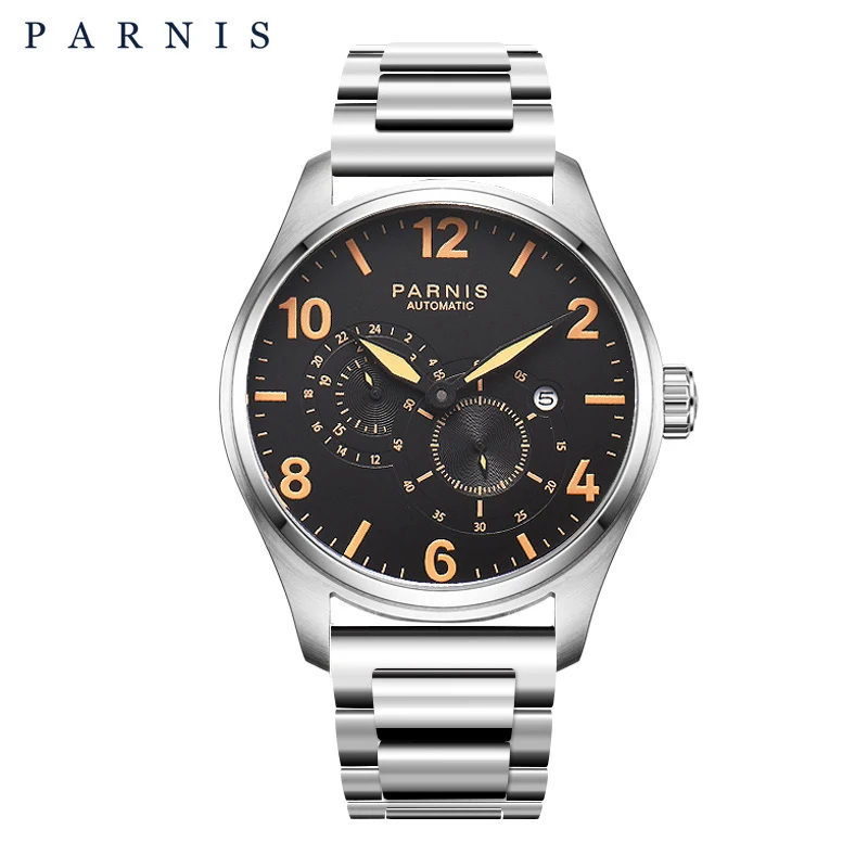 steel silver 2 Модные Parnis 44 мм автоматические механические мужские часы светящийся кожаный ремешок Календарь Мужские часы подарок для мужчин montre homme - Цвет: steel silver 2