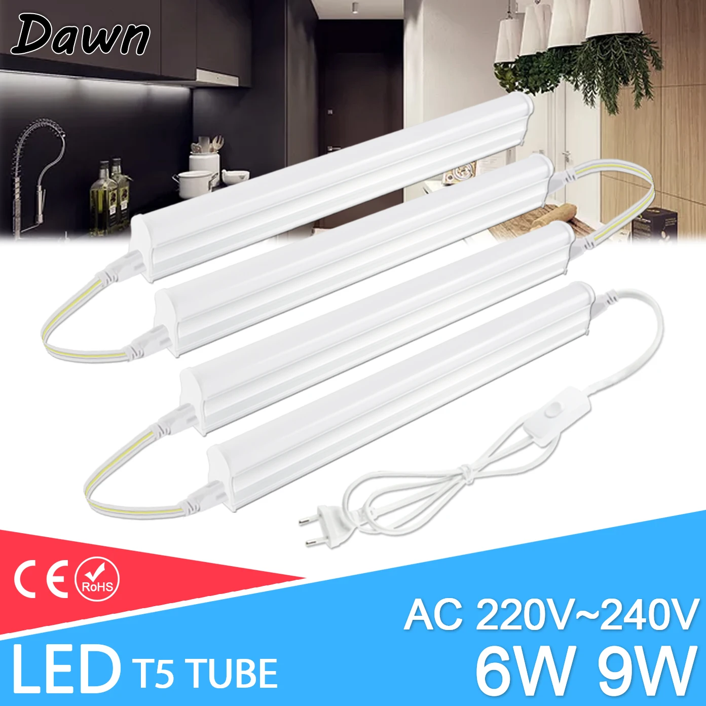 

Светодиодная трубка T5, 6 Вт, 9 Вт, 220 В переменного тока, кабель питания ЕС, соединительный провод, аксессуары для шкафа, полный комплект настен...