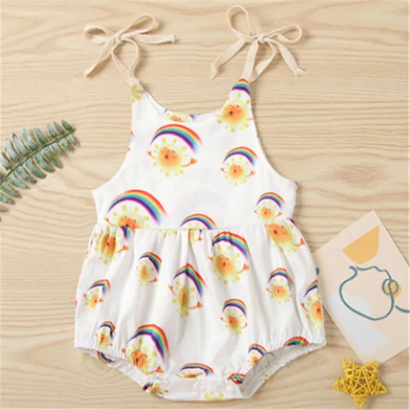 

Детский комбинезон с радужным солнцем, летний короткий комбинезон без рукавов с круглым вырезом и шнуровкой для девочек