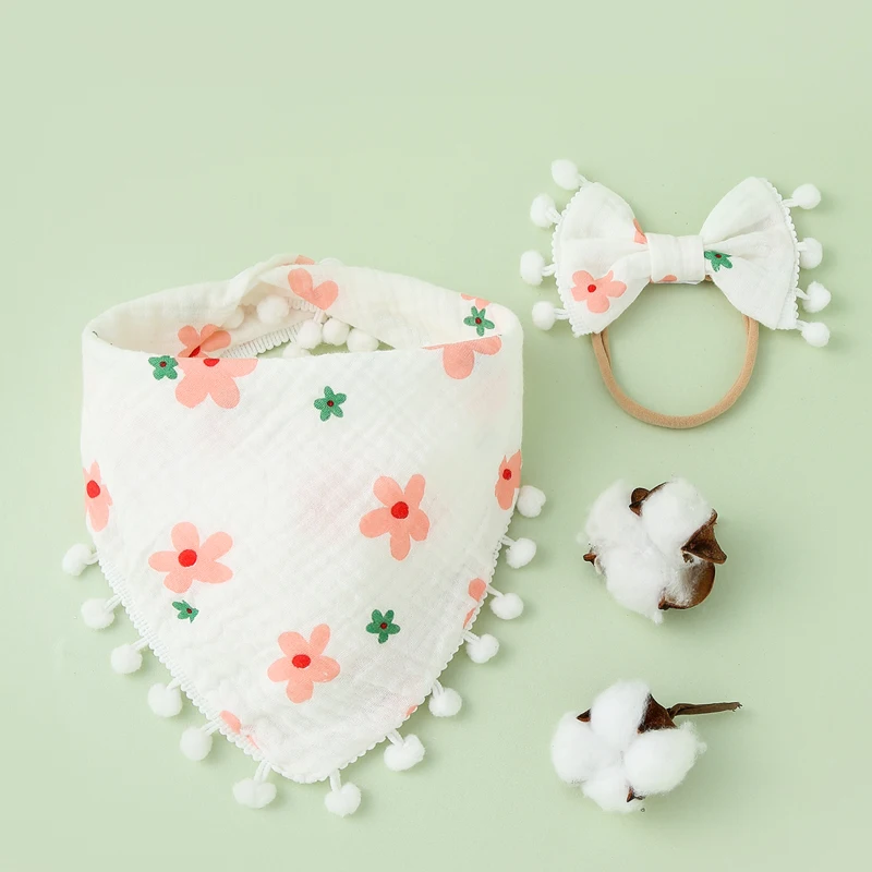 

2Pcs Baby Bibs Cut Pompom Triangle Double Cotton Bibs Floral Print Saliva Towel Baby Boys Girls Feeding Apron Bandana Bibs