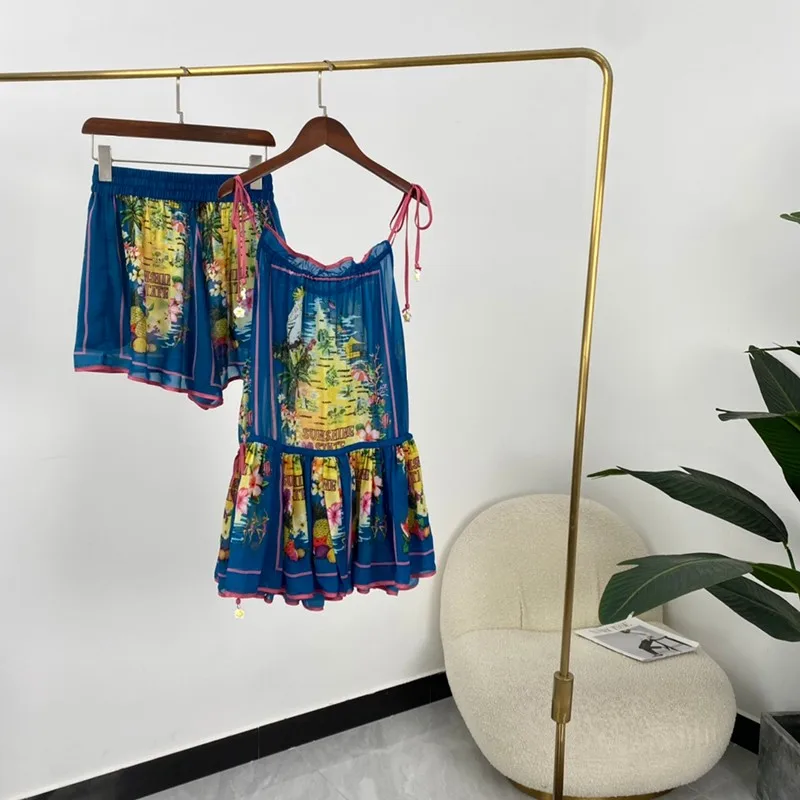

High Quality Silk New Summer Women Fashion Colorful Print Sleeveless Camisole Tops Blue Shorts Set 2021
