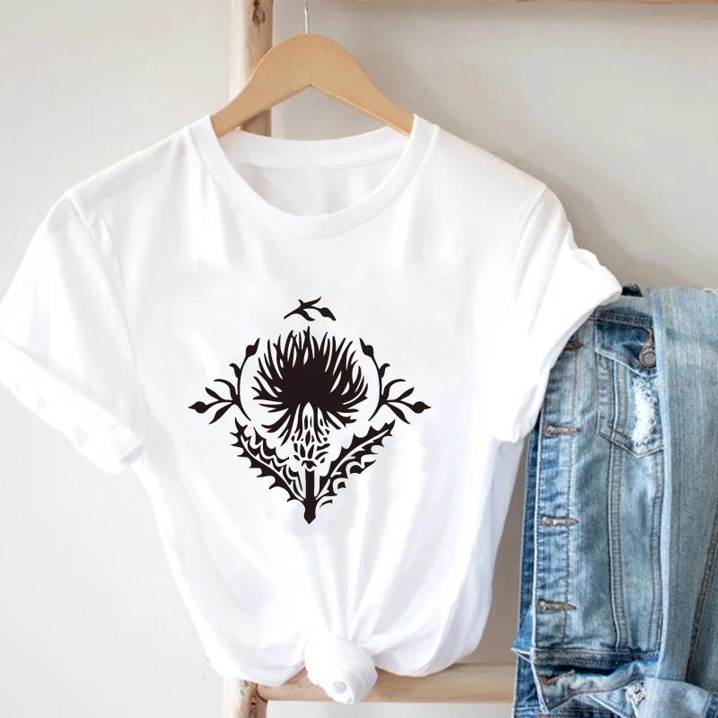

Women 2021 Summer Short Sleeve Black FlowerFashion Print Lady T-Shirts Top T Shirt Ladies Womens Graphic Female Tee T-Shirt