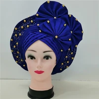 royal blue auto sego headtie african head wear with beads and stones nigeria headtie