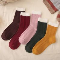 women solid cotton socks fuzzy cuff socks faux fur cuff sock warm thick winter sock girl pink sock mustard ankle sock 5pairslot