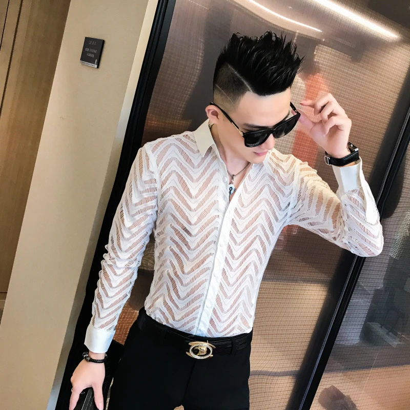 Transparent Shirt Summer Short Sleeve Shirt Camisa Hombre Stitching Stripe Shirt See Through Shirt Men Chemise Homme Marque Luxe