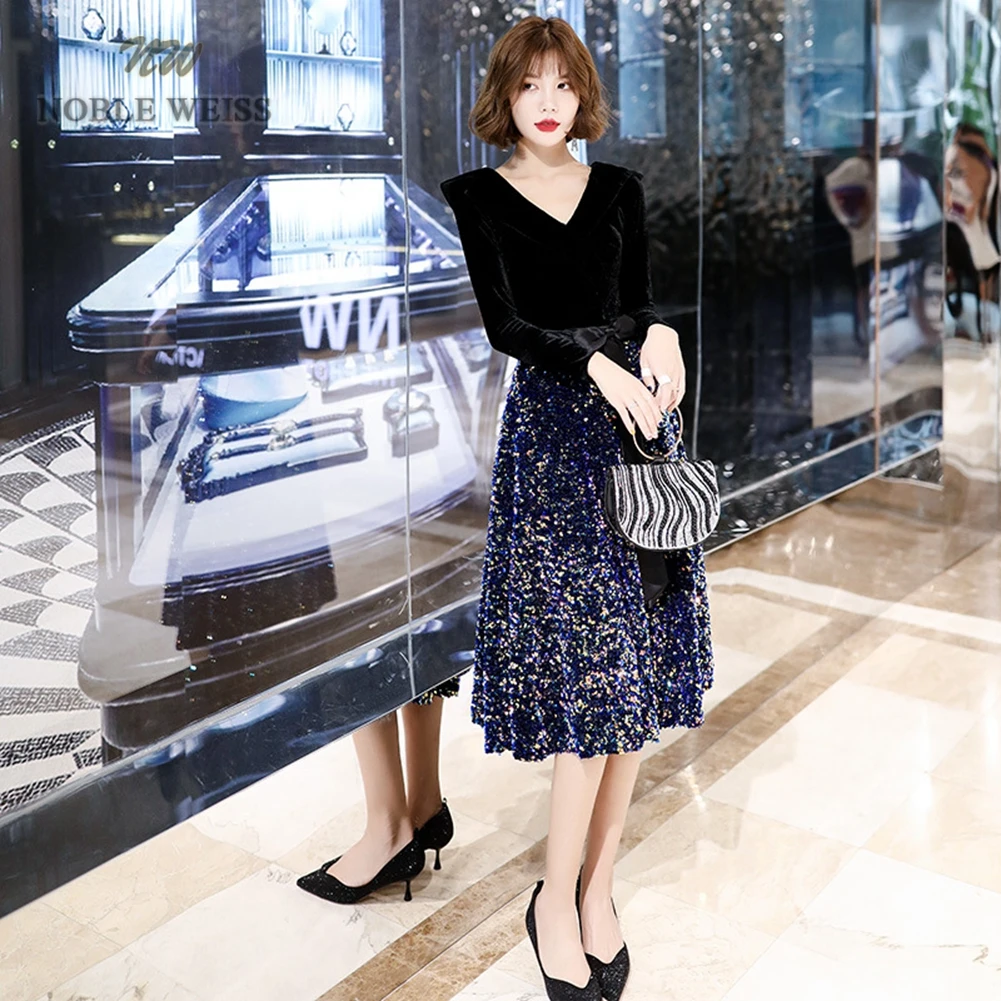 

Sexy Prom Dress V-Neck A-Line Sequin Vestidos De Fiesta Largos Elegantes De Gala Long Prom Dresses with Long Sleeves