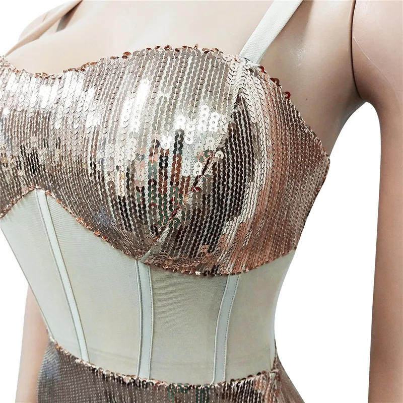 

Sexy Sheer Evening Party Sequin Dress Women Strap Elegant Sleeveless Tassel Knee-length Sparkly Bodycon Club Dresses Vestidos