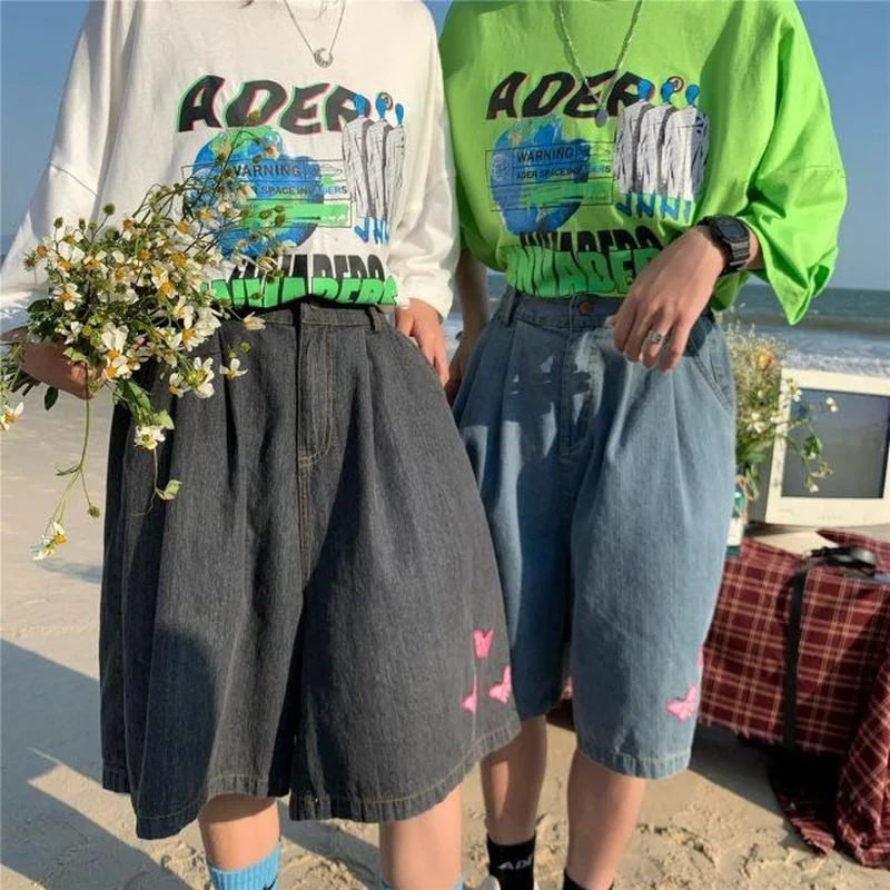 

ins Butterfly Embroidery Knee Length Woman Jeans Elastic High Waist Wide Leg Pants 2021 new Summer Harajuku Japanese Style Teens