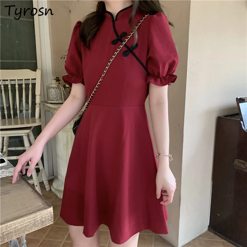 

Puff Short Dress Women Design Solid Red Button Mini Dresses Sexy Chinese Style Elegant Defined Waist Vestidos Feminine Stylish